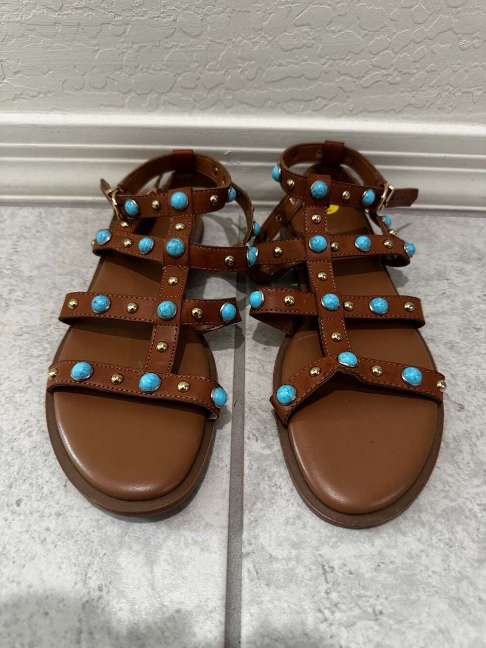 Nine West Faux Leather Gladiator Sandals with Turquoise Stones and Gold Studs
